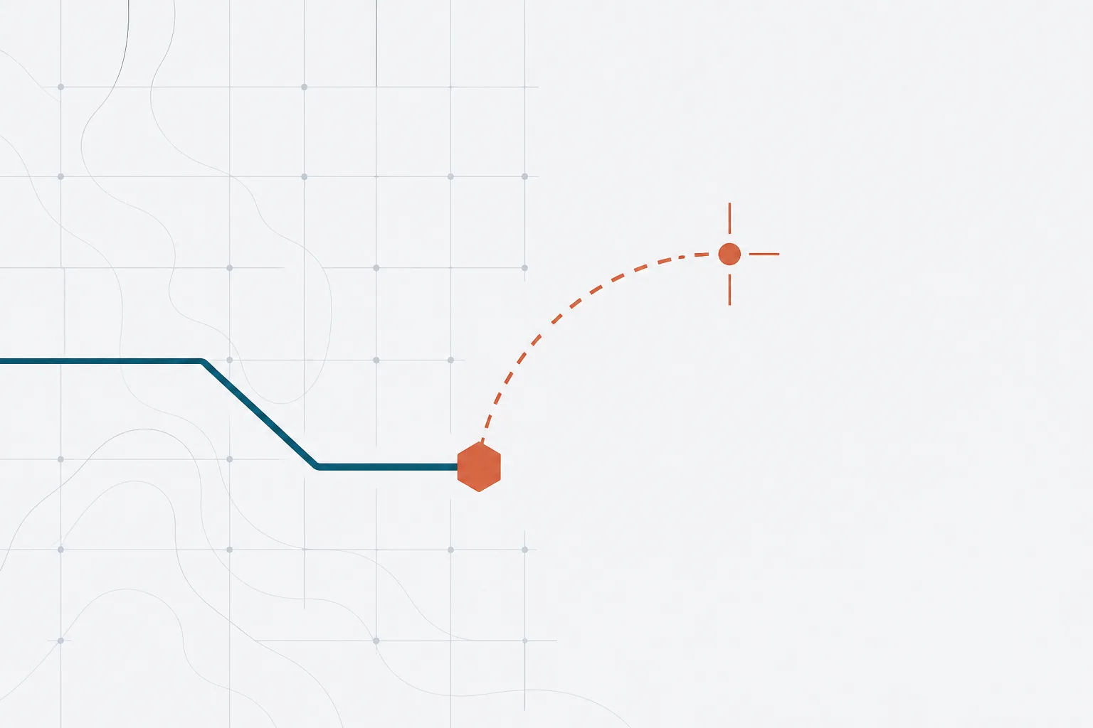 Abstract diagram of a delivery network in which a route line terminates at a labelled node on a grid rather than at an unmarked point, with a coordinate crosshair and a dashed voice-channel link connecting the two
